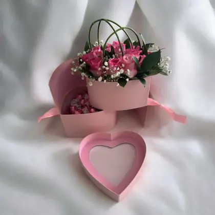 Pink Heart Box with Roses and Chocolates